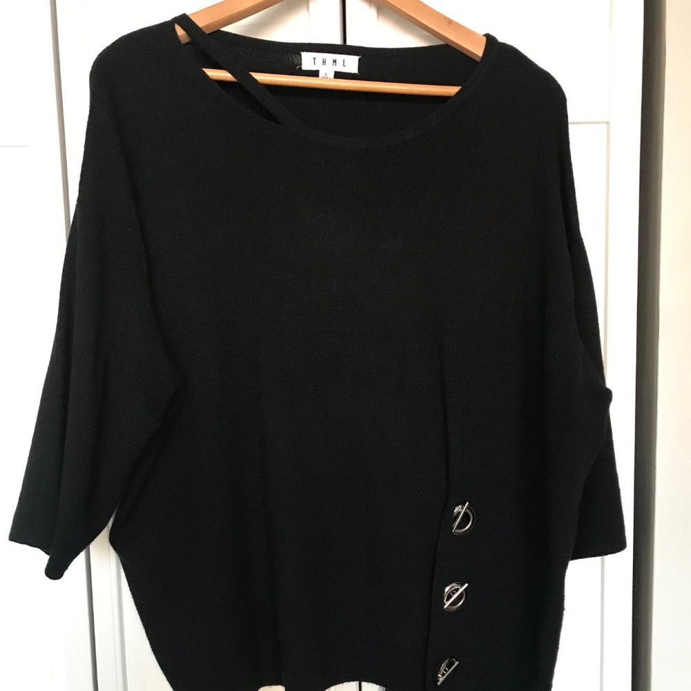 THML Short Sleeve Black Sweater Silver Metal Accents -Size L